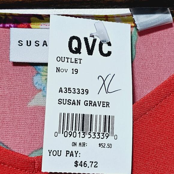 Susan Graver Liquid Knit Top Size XL NWT Puff Sleeves Orange Tropical Casual - Picture 7 of 8